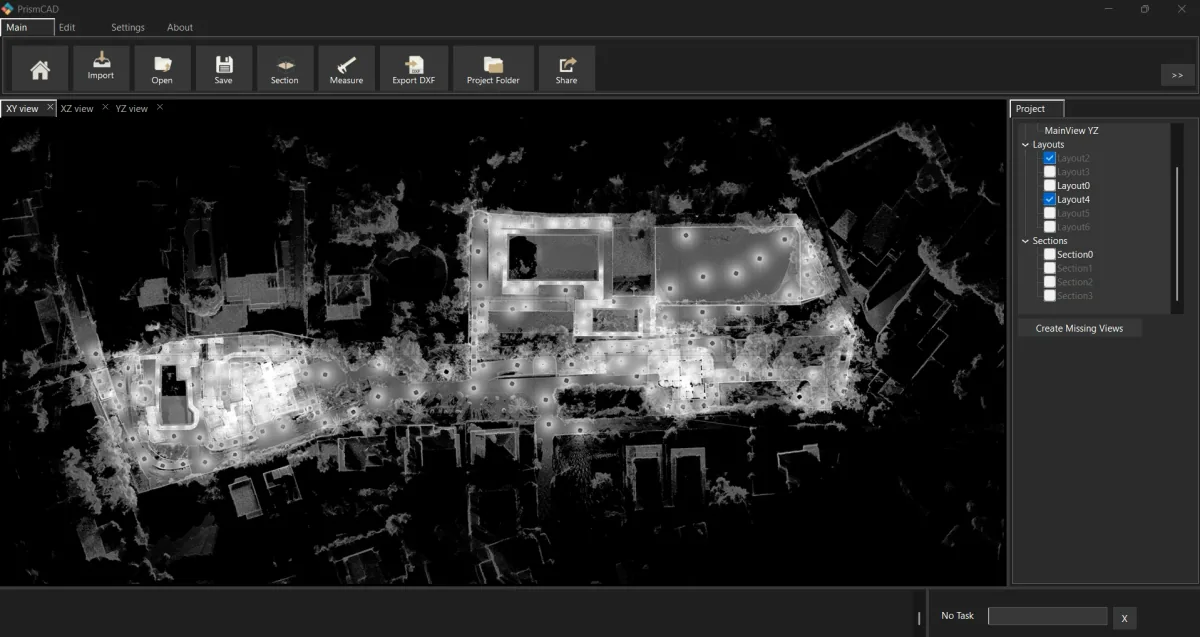 Πραγματικό στιγμιότυπο PrismaCAD με point cloud σε κάτοψη